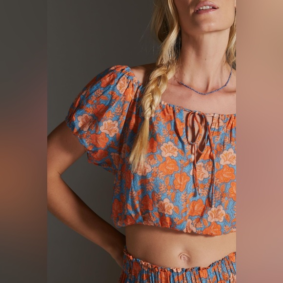 ✨ Anthropologie Floral Puff Sleeve Top Sz L - Picture 1 of 5